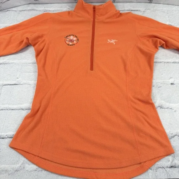 Arcteryx Womens Delta LT Zip Neck Jacket M Orange Alaska Majestic Heli Ski Logo